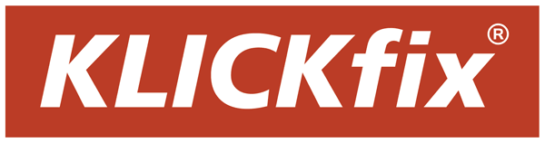 KLICKfix-Logo: weißer Text auf rotem rechteckigem Hintergrund.
