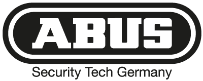 Das ABUS-Logo in weißen, fetten Großbuchstaben innerhalb einer schwarzen, horizontalen, pillenförmigen Kontur mit der Aufschrift „Security Tech Germany“.