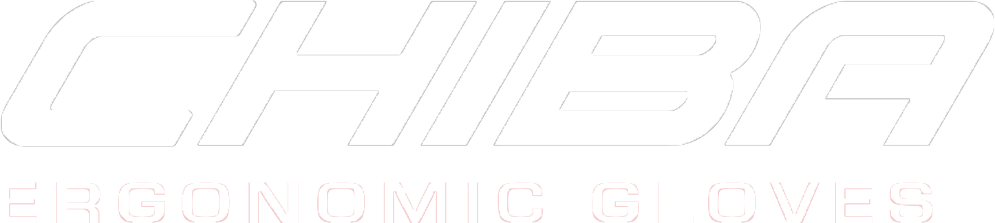 Weißes CHIBA-Logo auf schwarzem Hintergrund, darunter der Text „ERGONOMIC GLOVES“.