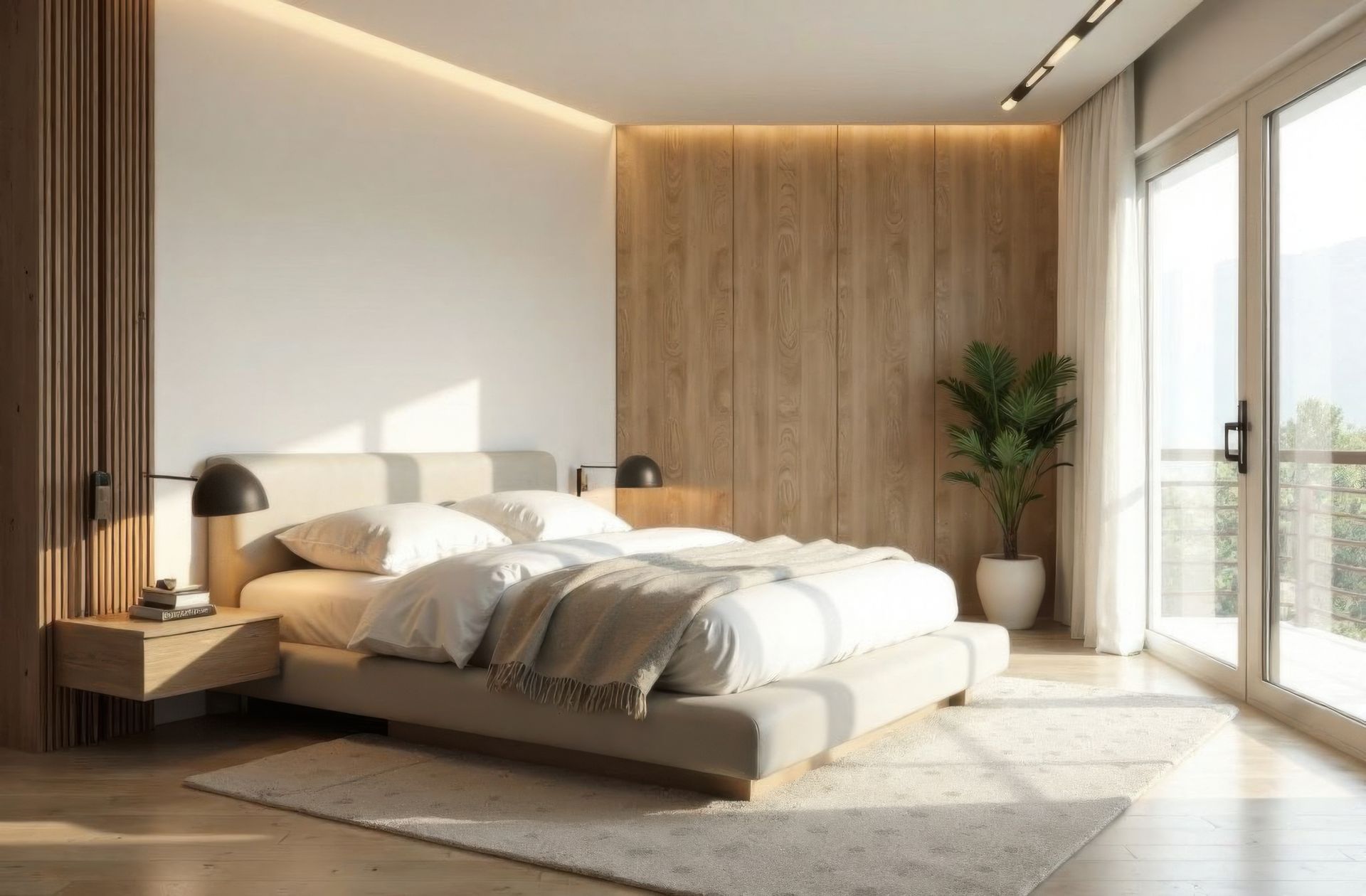 Modernes Wohnzimmer mit rotem Teppich, grauem Sofa, Glastisch und warmer Deckenbeleuchtung