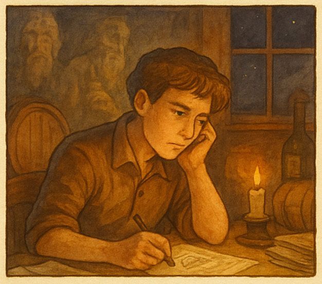 Un cuadro de un niño sentado en una mesa con una vela.