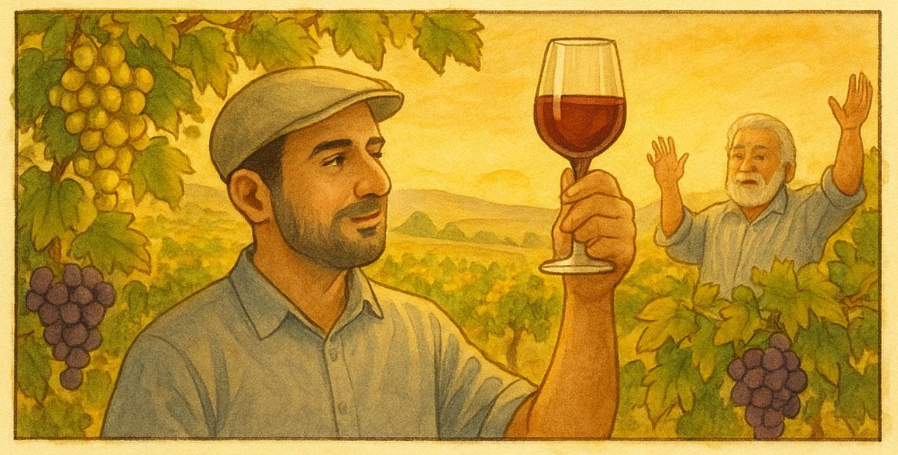 Un hombre sostiene una copa de vino tinto en un viñedo.