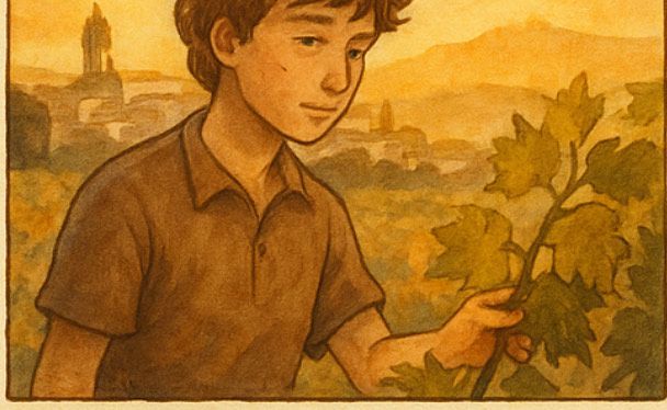 Una pintura de un niño recogiendo uvas de una vid.