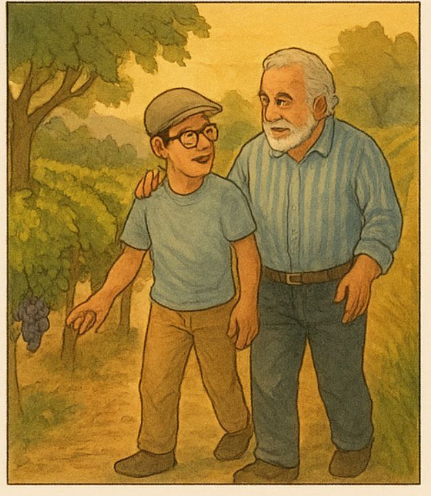Una caricatura de dos hombres caminando en un viñedo.