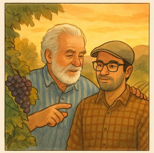 Un hombre señalando un racimo de uvas al lado de otro hombre.