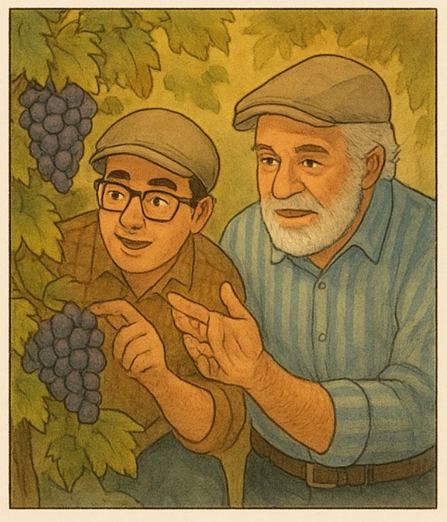 Un hombre y un niño están mirando uvas en una vid.