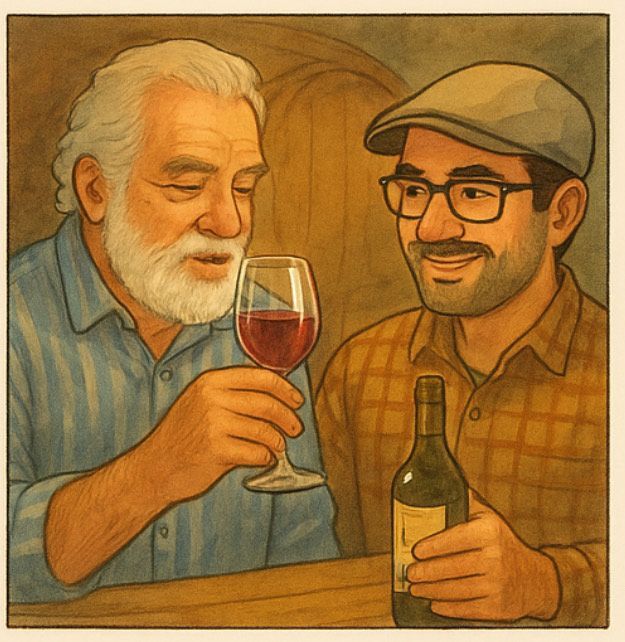 Un hombre sosteniendo una copa de vino junto a otro hombre sosteniendo una botella de vino.