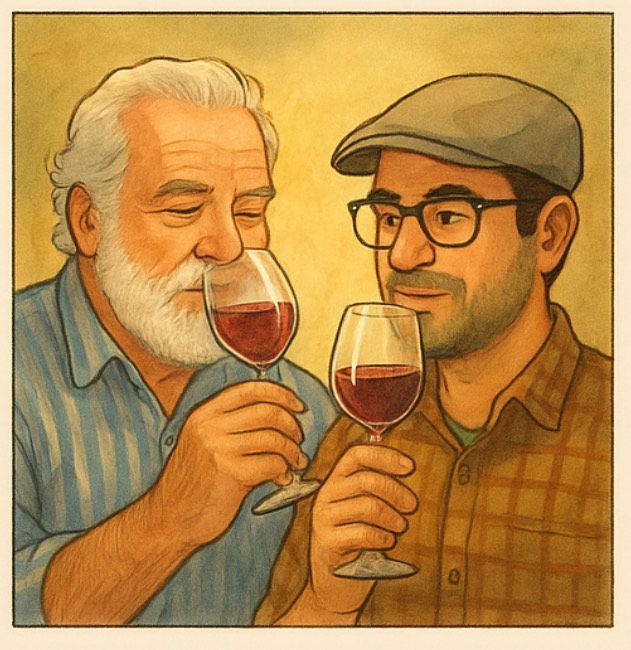 Una caricatura de dos hombres bebiendo vino juntos.