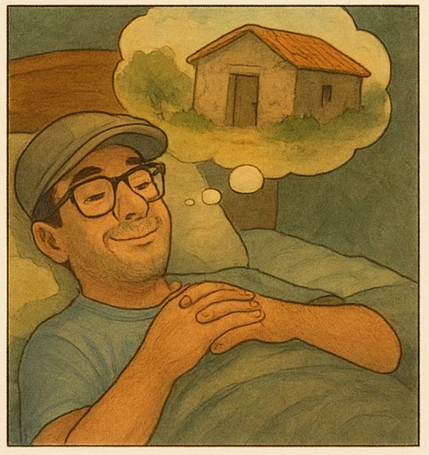 Una caricatura de un hombre acostado en la cama soñando con una casa.