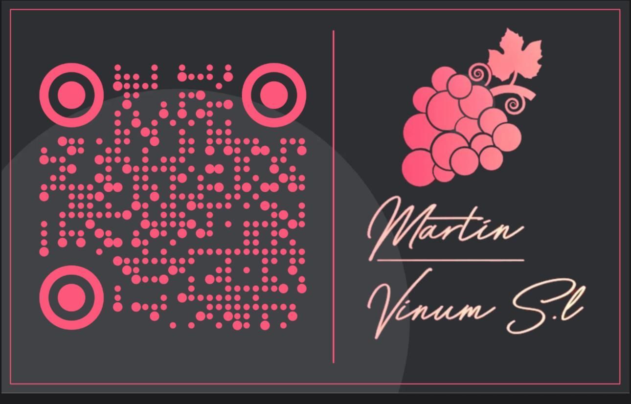 Tarjeta de visita: fondo gris oscuro, código QR rosa, ilustración de uvas, 