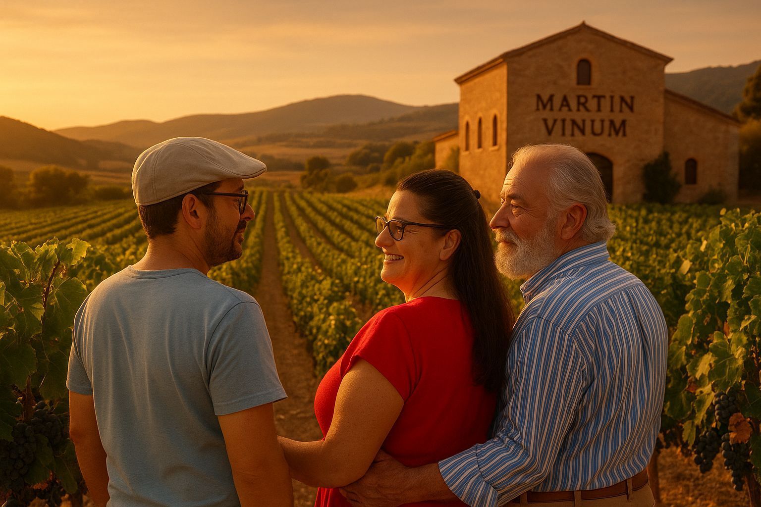 Familia abrazándose en viñedo, edificio 