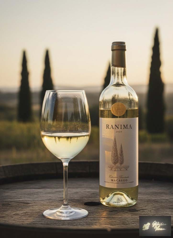 Copa y botella de vino sobre un barril, con un paisaje toscano de fondo. La etiqueta de la botella dice 