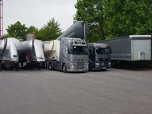 Auf einem Parkplatz steht eine Reihe Sattelschlepper.