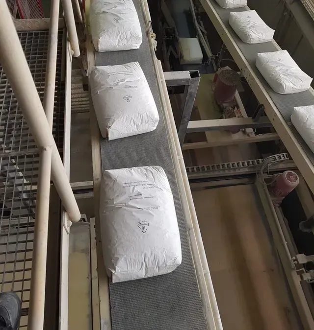 Bepackte Säcke mit Silo-Gut auf einem Förderband