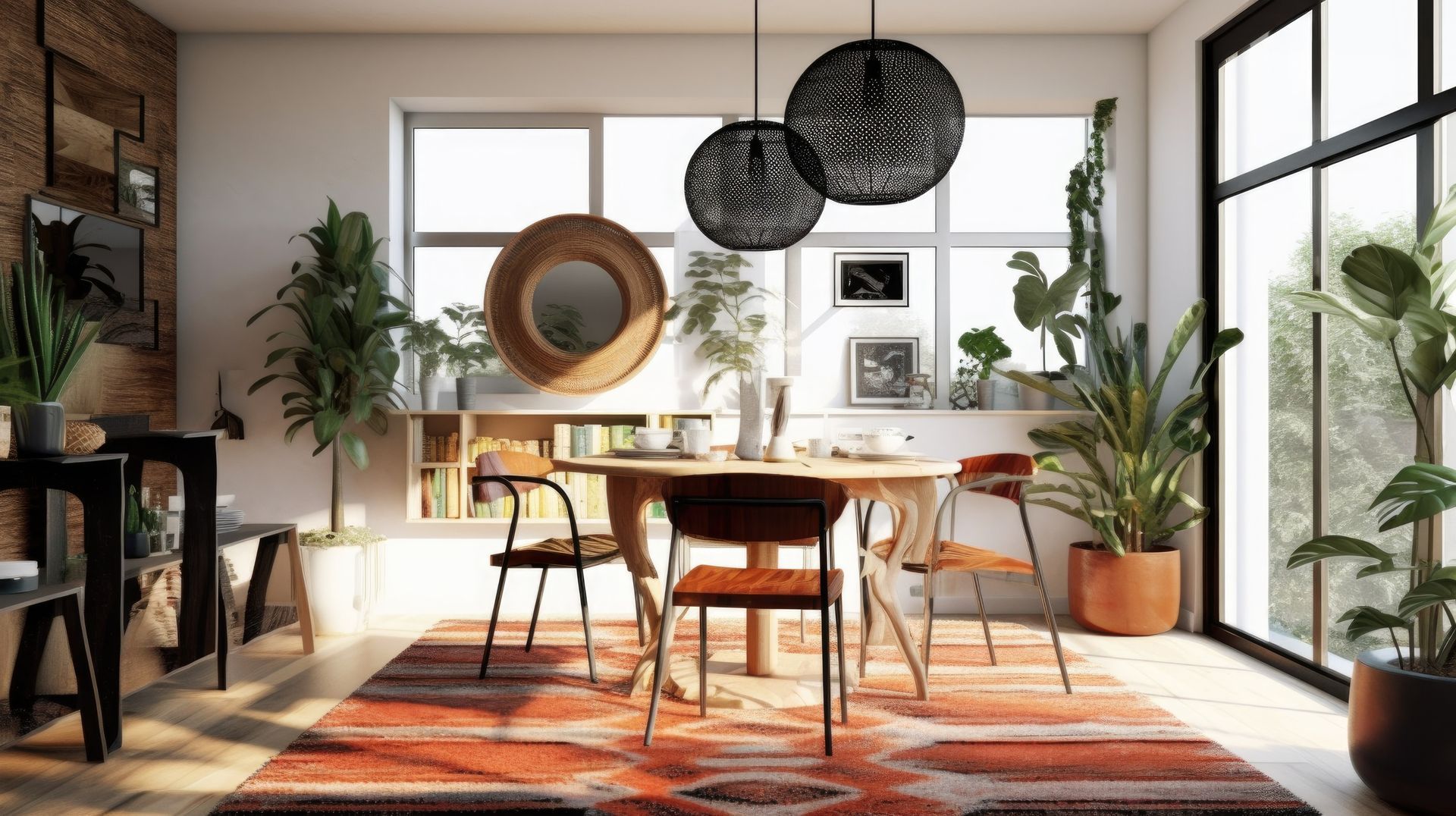 Moderna sala de estar con suelo de madera, sillas negras y una mesa de centro triangular. 