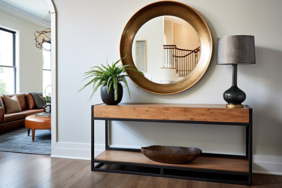 Moderna sala de estar con suelo de madera, sillas negras y una mesa de centro triangular. 