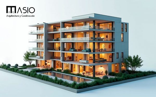 Maqueta arquitectónica de un moderno edificio de apartamentos con piscina y asientos al aire libre, iluminado desde dentro.