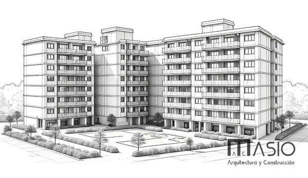 Dibujo arquitectónico de un complejo de apartamentos con patio, realizado en escala de grises.