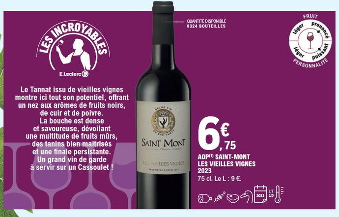 6,75 € : vin rouge AOP Saint-Mont, les Vieilles Vignes millésime 2023. Bouteille de 75 centilitres. Prix du litre : 9 €. Quantité disponible : 9 324 bouteilles.