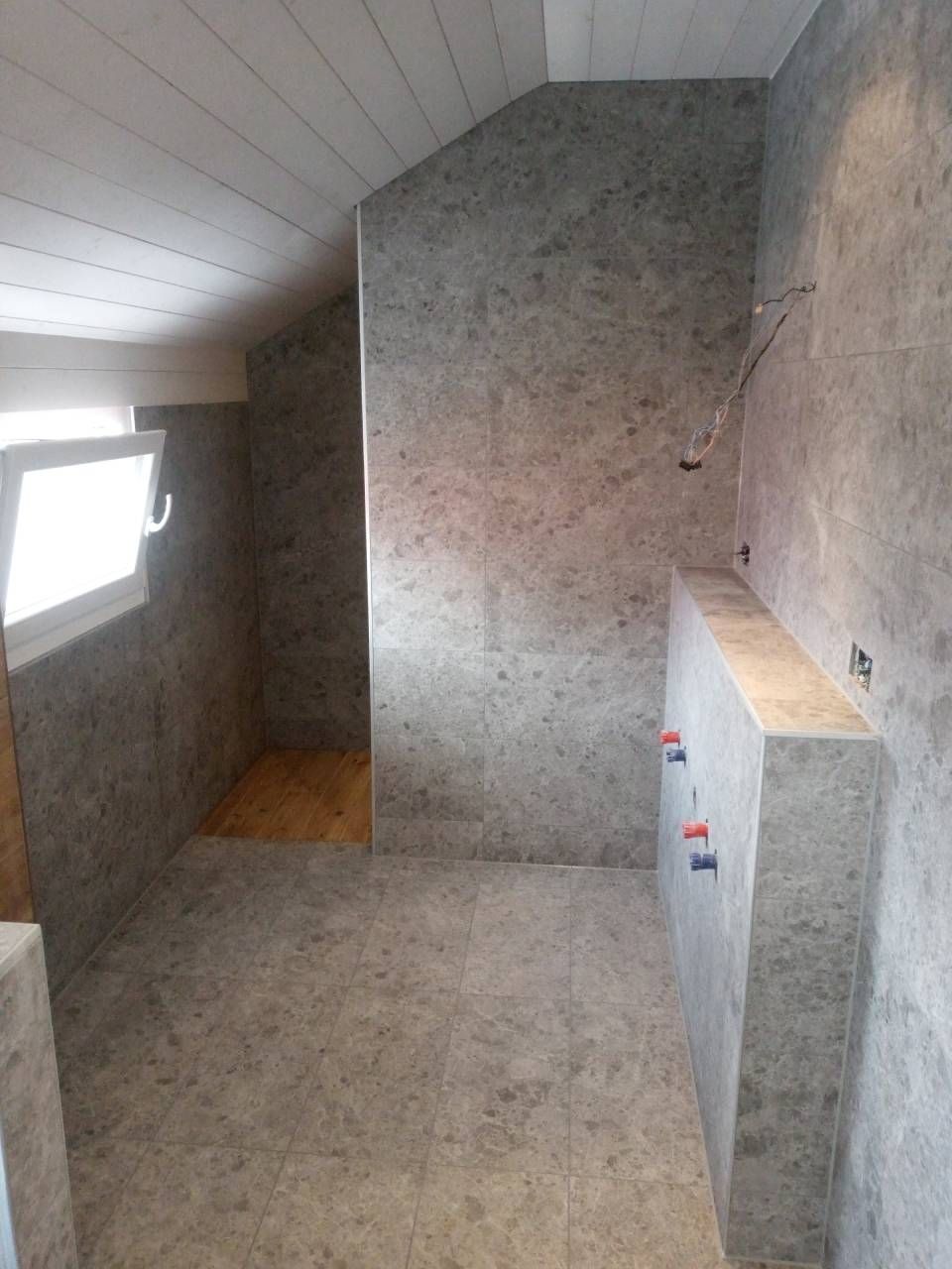 Une salle de bain avec douche à l'italienne et fenêtre.