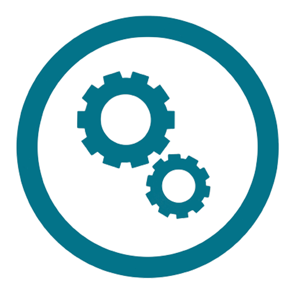 Un icono circular de color verde azulado con dos engranajes entrelazados en su interior.