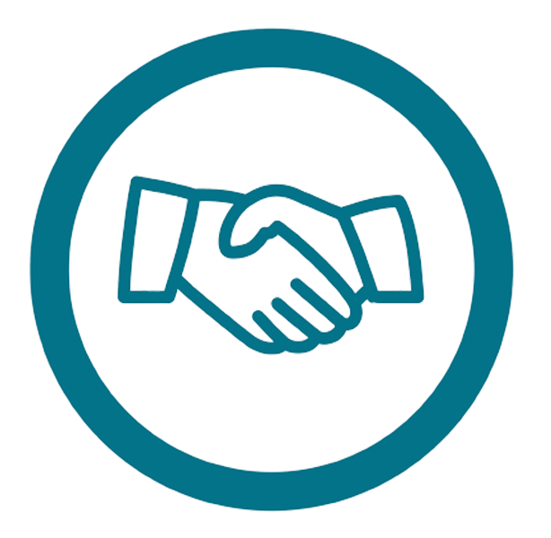 Un icono circular de color verde azulado que muestra el contorno de dos manos dándose la mano, simbolizando un acuerdo o una asociación profesional.