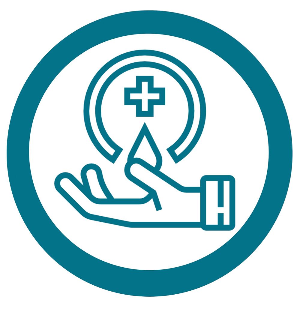 Icono de color verde azulado que representa una mano sosteniendo una gota de agua debajo de un símbolo circular en forma de cruz médica.