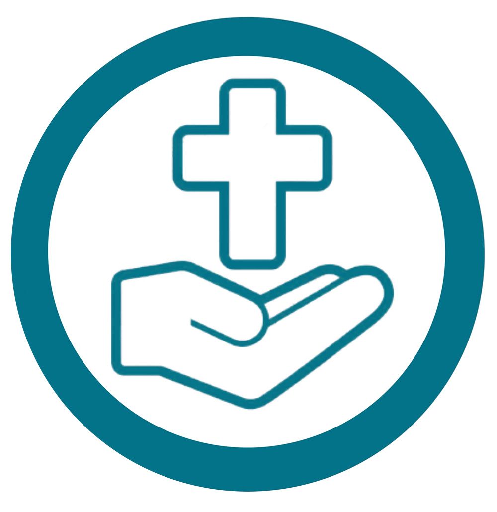 Un icono circular de color verde azulado que muestra el contorno blanco de una mano levantada, sosteniendo una cruz cristiana.