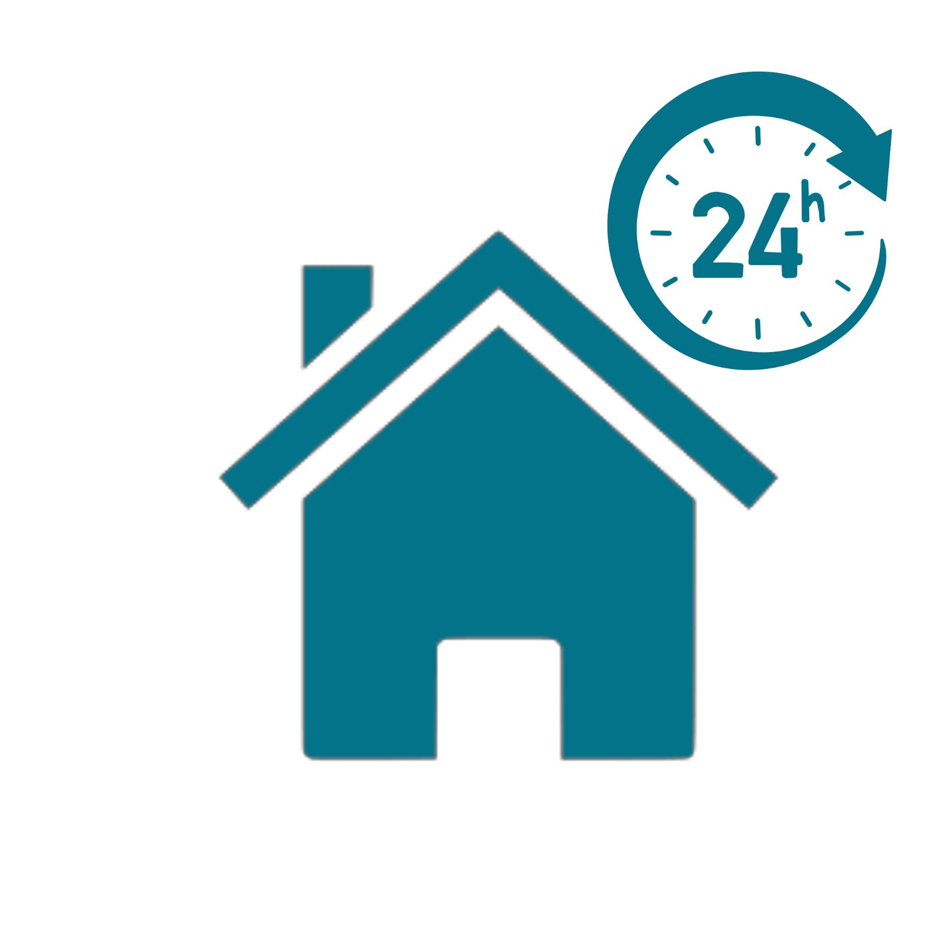 Un icono de una casa de color verde azulado oscuro con el sol saliendo detrás del tejado.