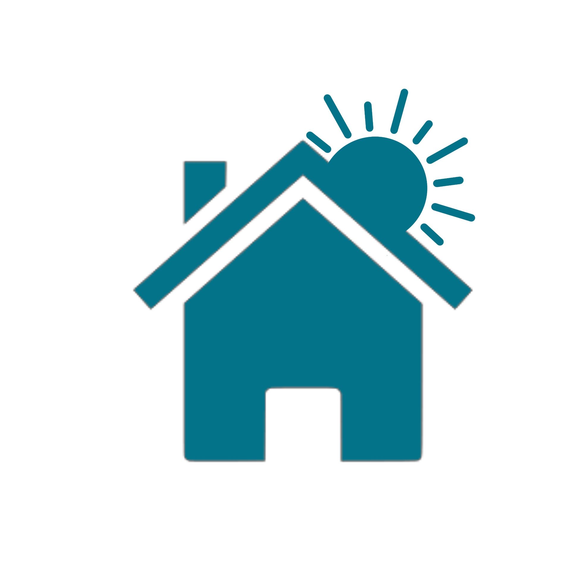 Un icono de una casa de color verde azulado oscuro con el sol saliendo detrás del tejado.