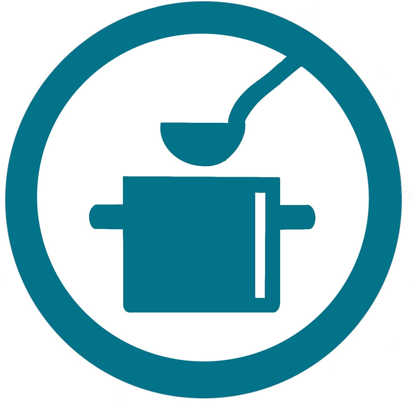 Icono de color verde azulado de una olla con un cucharón dentro, centrado dentro de un borde circular.