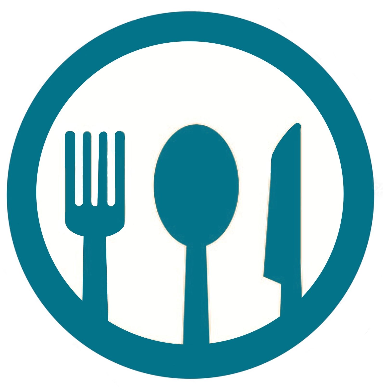 Un icono de color verde azulado que representa un tenedor, una cuchara y un cuchillo dispuestos dentro de un círculo sobre un fondo blanco.