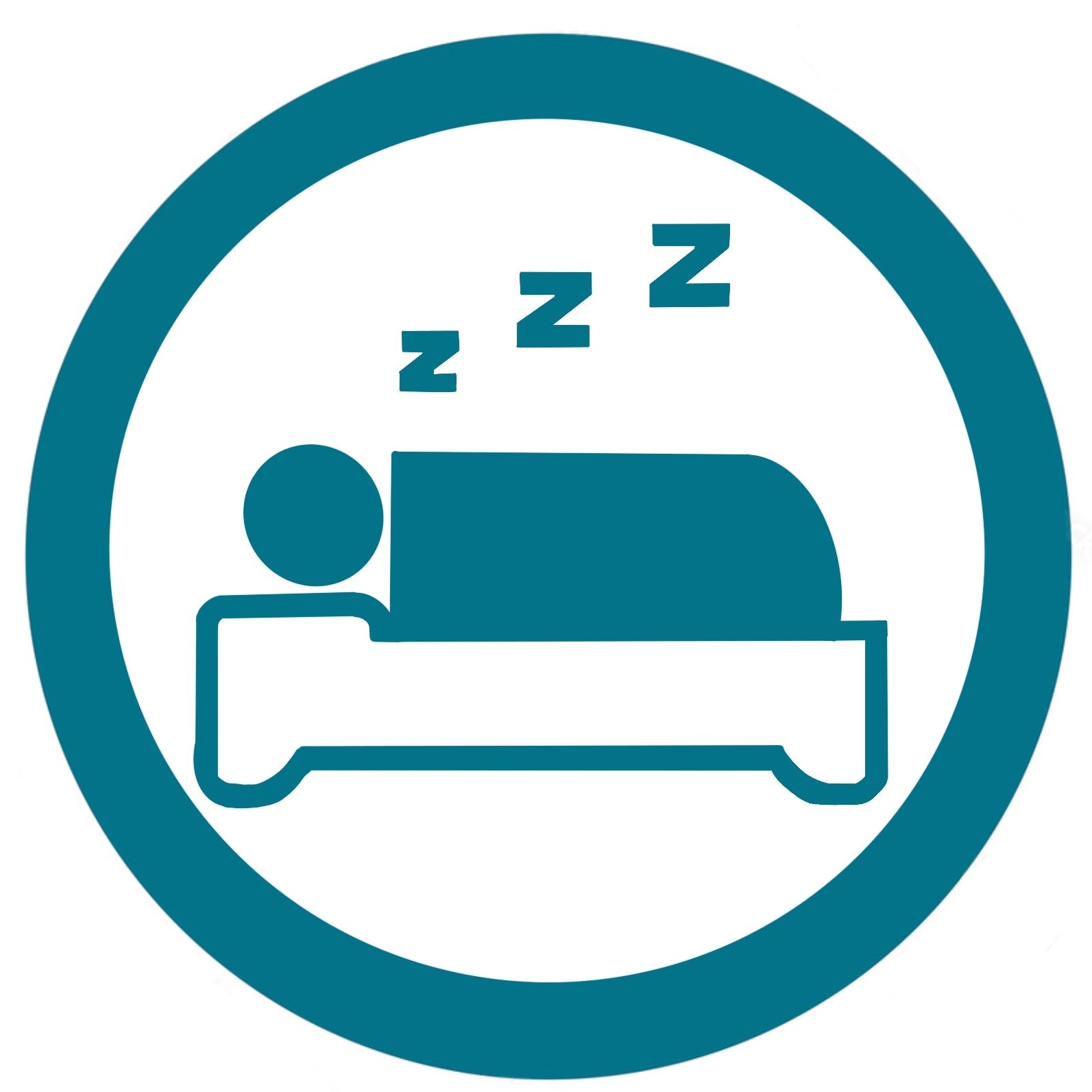 Un icono circular de color verde azulado que representa a una persona durmiendo en una cama con tres símbolos 