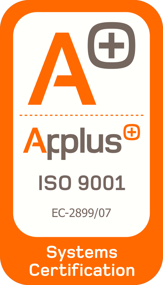 Insignia de certificación de sistemas ISO 9001 de Applus+ sobre fondo naranja.