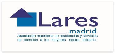 Logotipo de Lares Madrid, una asociación de servicios de atención y solidaridad para personas mayores, que presenta formas geométricas y texto en color azul.