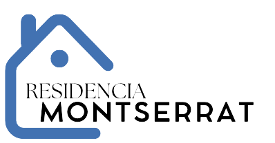 Un icono de una casa azul con un punto en su interior, junto al texto "RESIDENCIA MONTSERRAT" en letras may&uacute;sculas negras.