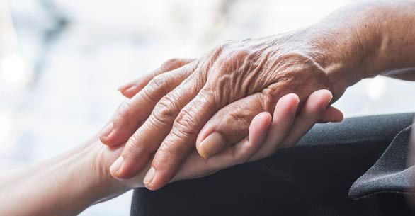 Una mano joven sostiene con delicadeza la mano arrugada de una persona mayor, simbolizando consuelo, apoyo y conexión.