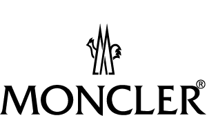 Logotipo da Moncler: um símbolo estilizado de um pico de montanha acima do nome da marca em texto preto.