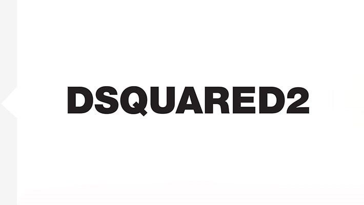 Logotipo da DSQUARED2 em fundo branco. Letras maiúsculas pretas.