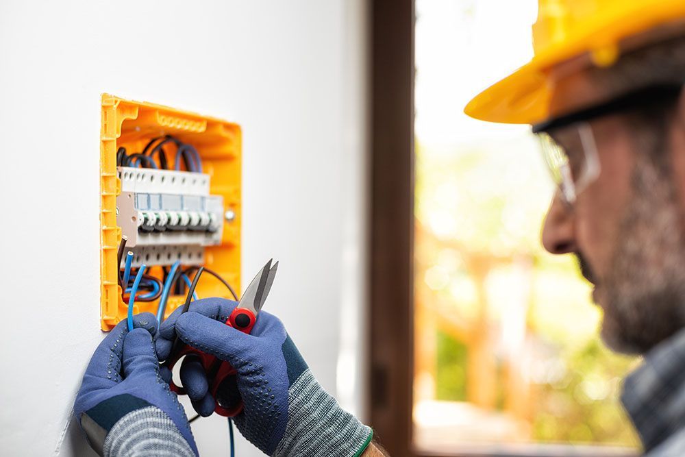 Elektriker mit Schutzhelm und Handschuhen verdrahtet eine Schalttafel im Innenbereich.
