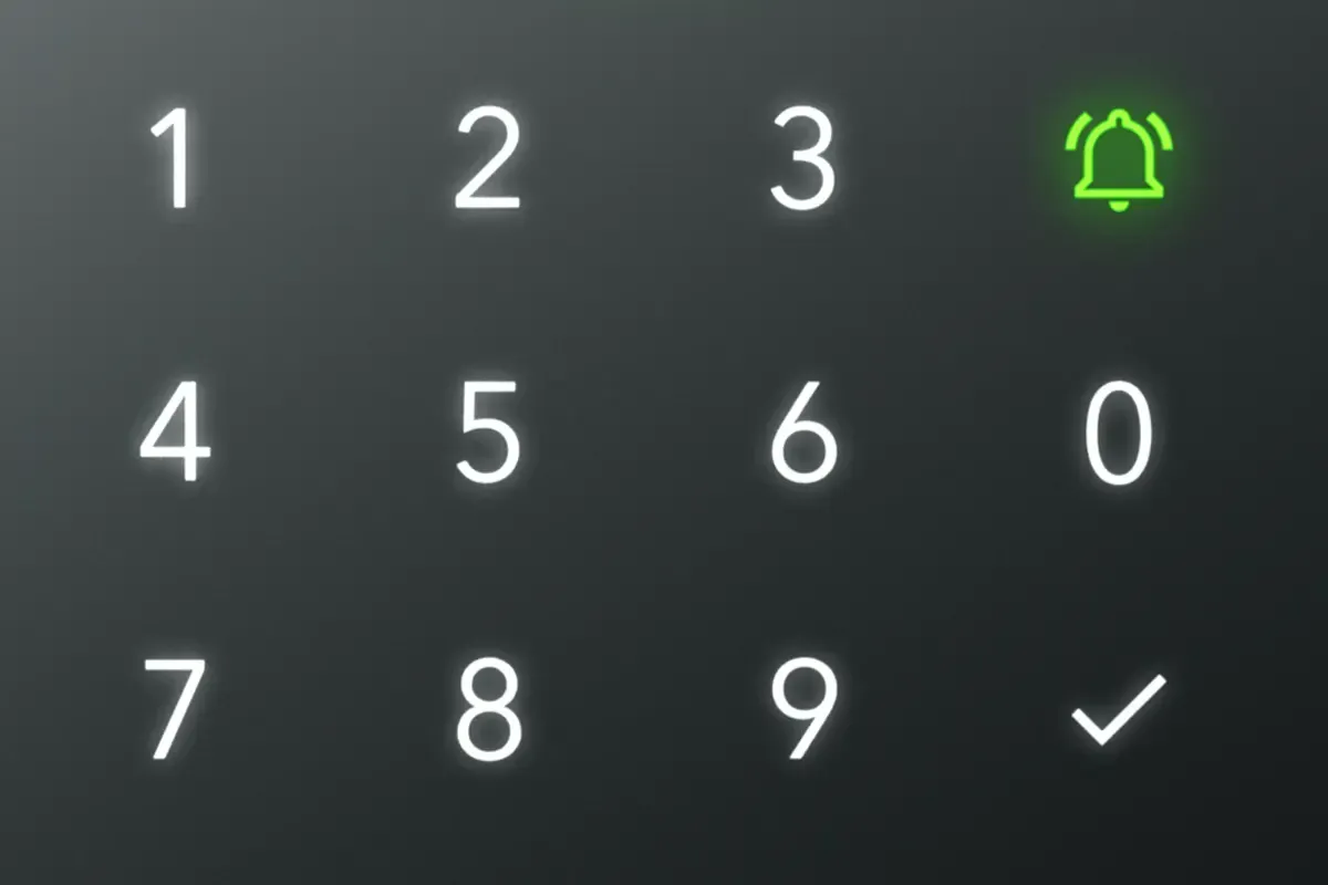 Tastatur mit leuchtend weißen Zahlen und einem grünen Glockensymbol.