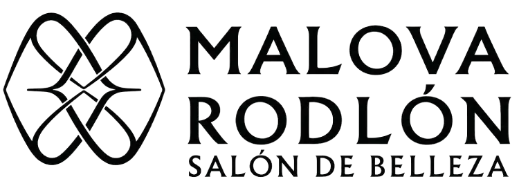 Logotipo para Malova Rodlón salón de belleza con emblema negro estilizado y texto sobre fondo blanco