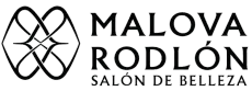 Logotipo para Malova Rodlón salón de belleza con emblema negro estilizado y texto sobre fondo blanco
