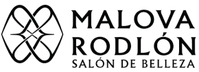 Logotipo para Malova Rodlón salón de belleza con emblema negro estilizado y texto sobre fondo blanco