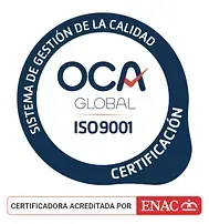 Logotipo de certificación ISO 9001 de OCA Global. Diseño en azul oscuro y blanco con marca de verificación roja y texto en español. Acreditado por ENAC.