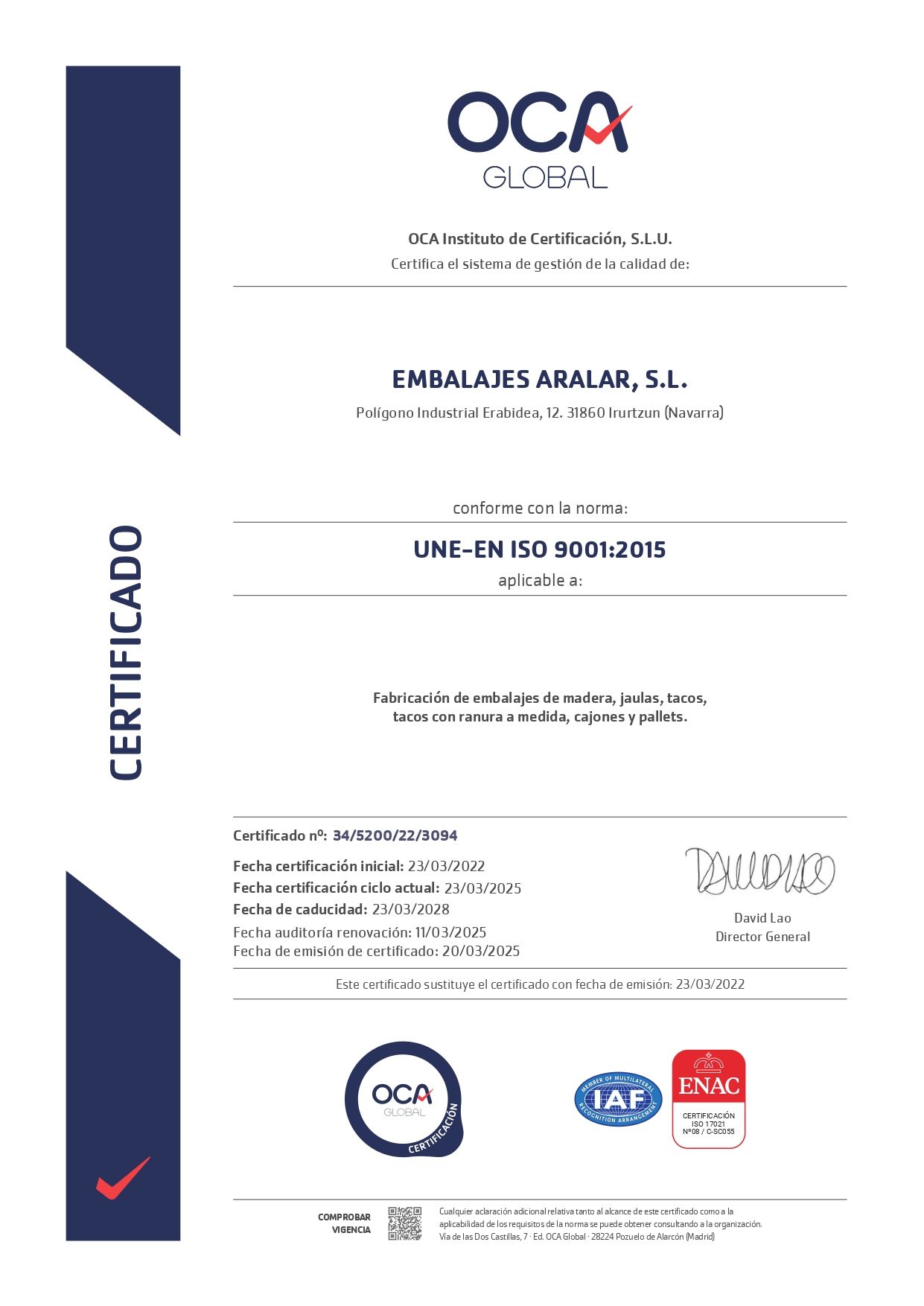 Certificado de OCA Global para Embalajes Aralar, SL, con acreditación ISO 9001-2015.