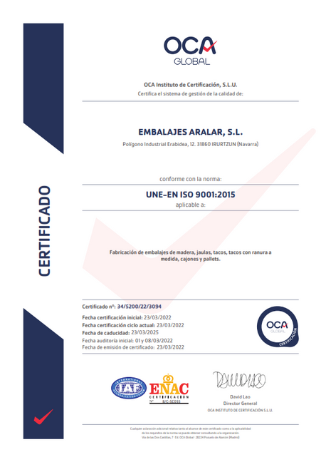 Certificado de OCA Global para Embalajes Aralar, SL, con acreditación ISO 9001-2015.