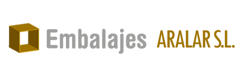 Logotipo de Embalajes Aralar SL, con cubo dorado y texto en gris y dorado.