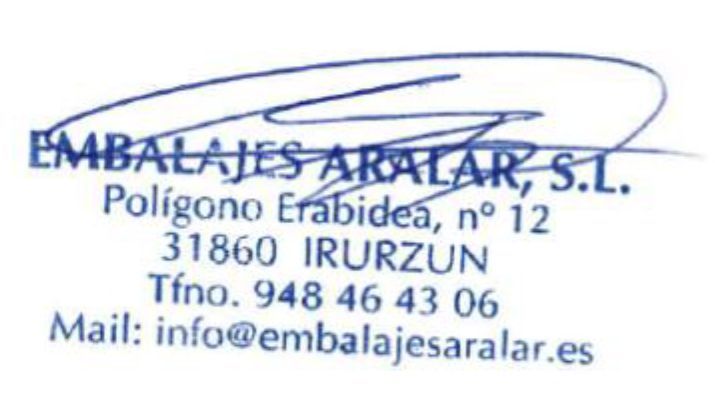 Logotipo para Embalajes Aralar, SL, con dirección y datos de contacto incluyendo teléfono y correo electrónico.