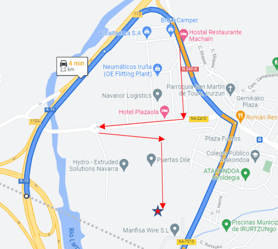 Mapa que muestra una ruta desde Meritos Wire SL hasta la carretera principal, con puntos de interés como el Hotel Plazaole.